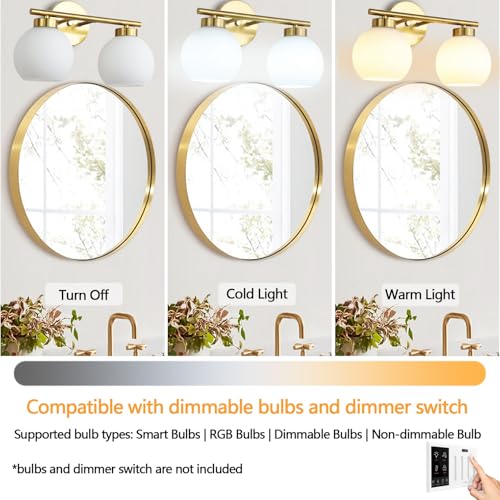 Image of 2 Light Bathroom Vanity Light, Gold Bathroom Light Fixtures Over Mirror, Mid Century Modern Wall Sconce with Frosted Globe Glass Shades, Brass Vanity Light, E26 Socket