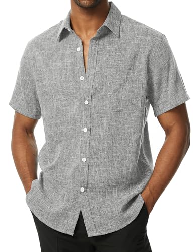 PARKLEES Mens Wrinkle Free Short Sleeve Button Down Shirts Texture Linen Shirts Casual Vacation Beach Summer Tops Light Grey X-Large