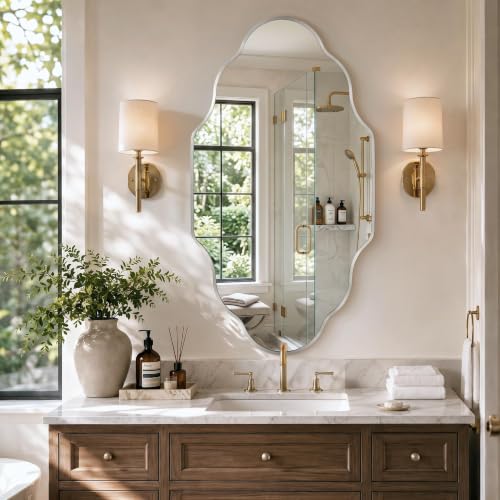 Image of Scalloped Silver Bathroom Mirror, Irregular Wall Decorative Mirror | Brushed Metal Frame, HD Glass Decorative Mirror for Wall Decor, Vanity Mirror for Living Room Entryway (20 inch x 36 inch, 1 Pack)