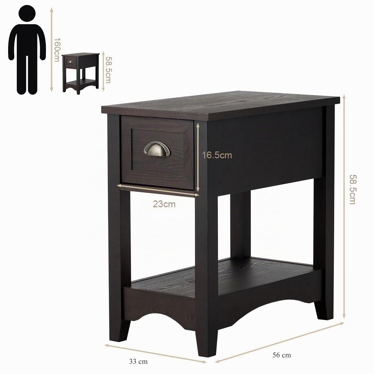 LIFEZEAL Set di 2 Comodini Stretti con 1 Cassetto, Comò a 2 Ripiani, Mobiletto Camera da Letto, Moderno, Tavolino Basso Laterale da Divano, Gambe in Legno Massello, per Soggiorno, 33x56x58,5cm, Noce