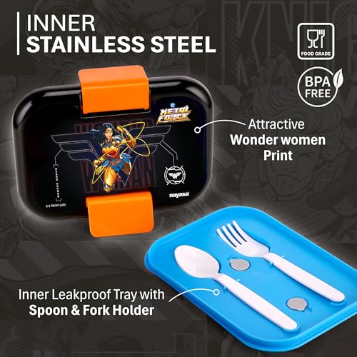 Image of Nayasa Marco Wonder Women Print 2 Compartment Stainless Steel Insulated Lunch Box for Kids | Vacuum Sealed Leak Proof Tiffin Box | 650 ml | Orange & Black