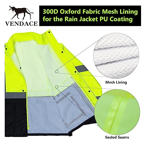 VENDACE Class 3 High Visibility Rain Suits,Rain Gear for Men Yellow/Lime Reflective Hi Vis Safety Rain Work Jacket,Pants Waterproof (L/XL) - Thumbnail 5