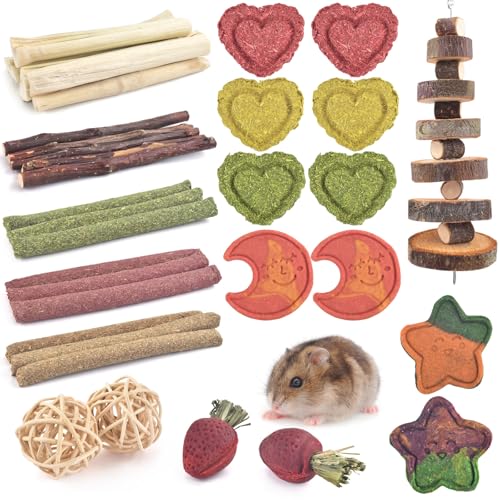 ERKOON Rabbit Treats Boredom Breaker 34 Pcs Chew Treats for Rabbits Rat Chinchilla Guinea Pig Teeth Grinding Toys Timothy Hay Sticks Apple Wood Stick Carrot Grass Cake Hanging Toy