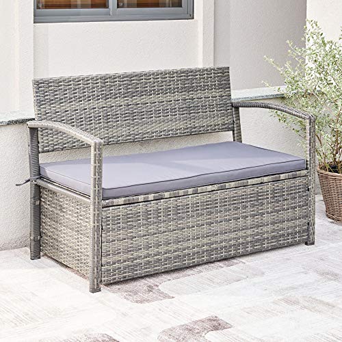 Vifah V1924 Gabrielle All-Weather Resin Wicker Lounge Patio Sofa Storage Bench In Grey With Cushion, Gray #TOP15