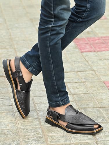 Image of POS Men's Ethnic Synthetic Leather Peshawari Slip On Sandal | Shoes for Wedding|Party|Occasions|Fashion|Stylish|Outdoor|Lightweight|Shoes with TPR Sole