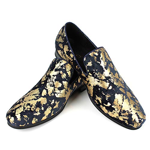 AZAR MAN Men's Slip On Velvet Gold Leopard Print Dress Shoes Loafers LS212