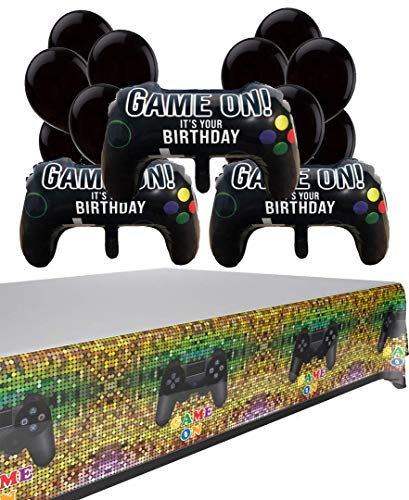Video Game Party Supplies | 3Pcs Controller Helium Balloons, 1Pcs Tablecloth and 9Pcs Balloons Latex Extra | Gaming Party Supplies for Boys | Birthday Party Balloons for Gamer Party Supplies
