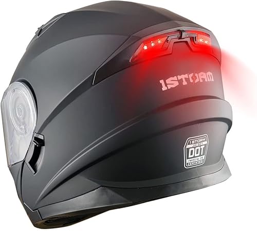 Miniatura 1 de 1Storm Nuevo casco modular de cara completa para motocicleta, escudo solar de doble visera con luz trasera LED recargable negro mate