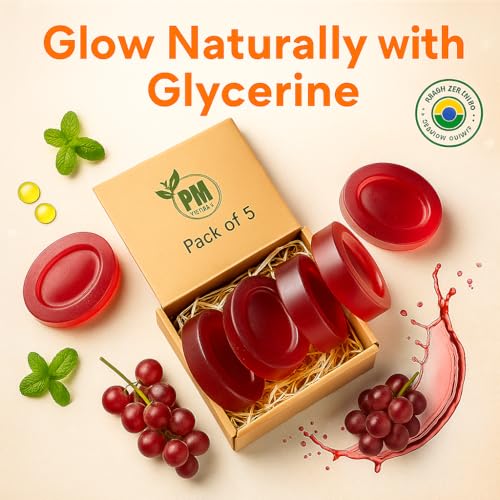 Image of PM Herbal Red Wine Natural Glycerine Soap | Paraben Free, SLS /SLES Free Handmade Herbal Bathing Bars | Enriched with Coconut Oil, Vitamin E & Essential Oils for Glowing, Moisturized Skin (Pack of 5)
