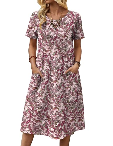 Image of Zeagoo Womens Summer Midi Dress Casual Short Sleeve A-Line Cotton Linen Dress Flowly Beach Tunic Sundresses with Pockets 2026