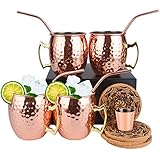 Eligara Moscow Mule Tassen Set mit 4 Tassen aus 100% reinem Kupfer, handgefertigt, Geschenkset mit 1 Schnapsglas, 4 Trinkhalmen und 4 Untersetzern (Premium-Untersetzer aus Kork)