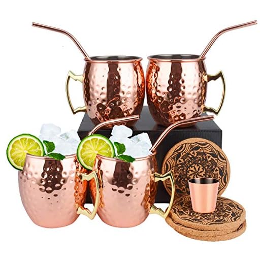 Eligara Moscow Mule mugg kopparmugg (premier) hamrad och handgjorda koppar koppar med 4 glas, 4 underlägg, 4 sugrör, 1 mätkopp, öl, gin, vodka, cocktails och vatten njuts