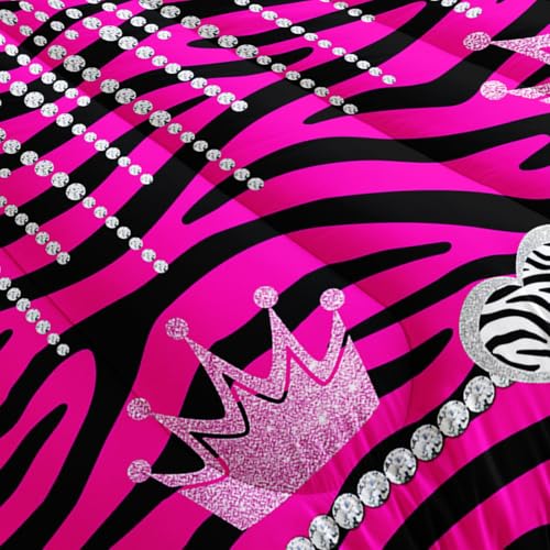 Image of AILONEN Hot Pink Princess Comforter Queen Size with 2 Pillowcases,Zebra Stripes Bedding Set 3Pcs for Girls,Glitter Crown & Heart Quilt Set for Home Decor
