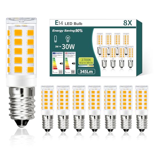 AmmToo E14 LED Warmweiss Birne, 3W 2700K LED Lampe, Glühbirne E14 ersetzt 30W Halogenlampen, Kein Flackern Kühlschranklampe Nicht Dimmbar, Led Mais Birne für Dunstabzugshaube Wandlampen CRI 85