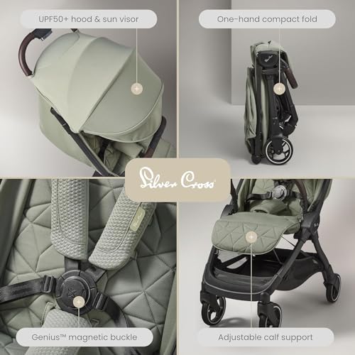 Image of Silver Cross Stroller - Clic Compact Pushchair, Travel-Friendly, Cabin Size, Foldable & Lightweight Stroller | 5 Point Safety Harness, Multi Recline Seat, Anti Crease Fabric | Newborn to 4yrs, Sage