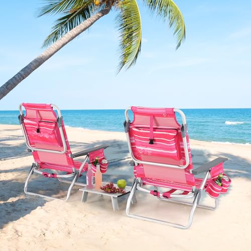 Image of Tangkula Backpack Beach Chair with Table, 5-Position Lay Flat Beach Chairs with Cooler Bag, 2 Cup Holders, Towel Bar, Lightweight Low Folding Beach Chair with Backpack Straps