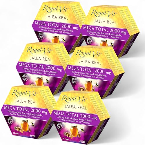 Royal-Vit Mega Total 2000mg - Mega Pack 6 x 20 Viales - 120 Días - Complemento Alimenticio con Reishi, Shiitake, Azafrán, Aminoácidos y Vitaminas - Ayuda a Reducir la Fatiga y el Cansancio