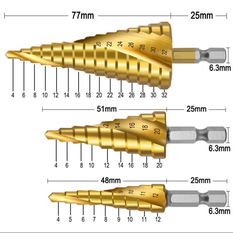 Wiertła do metalu, wiertła stopniowe z rowkiem spiralnym, 3 szt. 4-12 MM 4-20 MM 4-32 MM Zestaw wierteł stopniowych z łbem sześciokątnym, HSS Metal pokryty tytanem Frezy do otworów w drewnie Elektrona