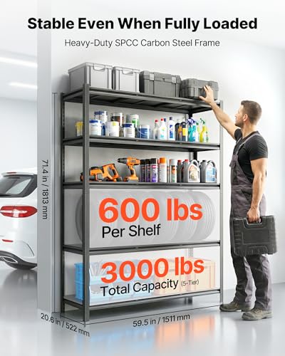 Image of VEVOR Garage Shelving, 5-Tier Adjustable Storage Shelves, 3000 lbs Heavy Duty Garage Shelves, Metal Utility Rack Shelf for Garage Workshop Warehouse Basement, 59.49 inch W x 20.55 inch D x 71.38 inch H