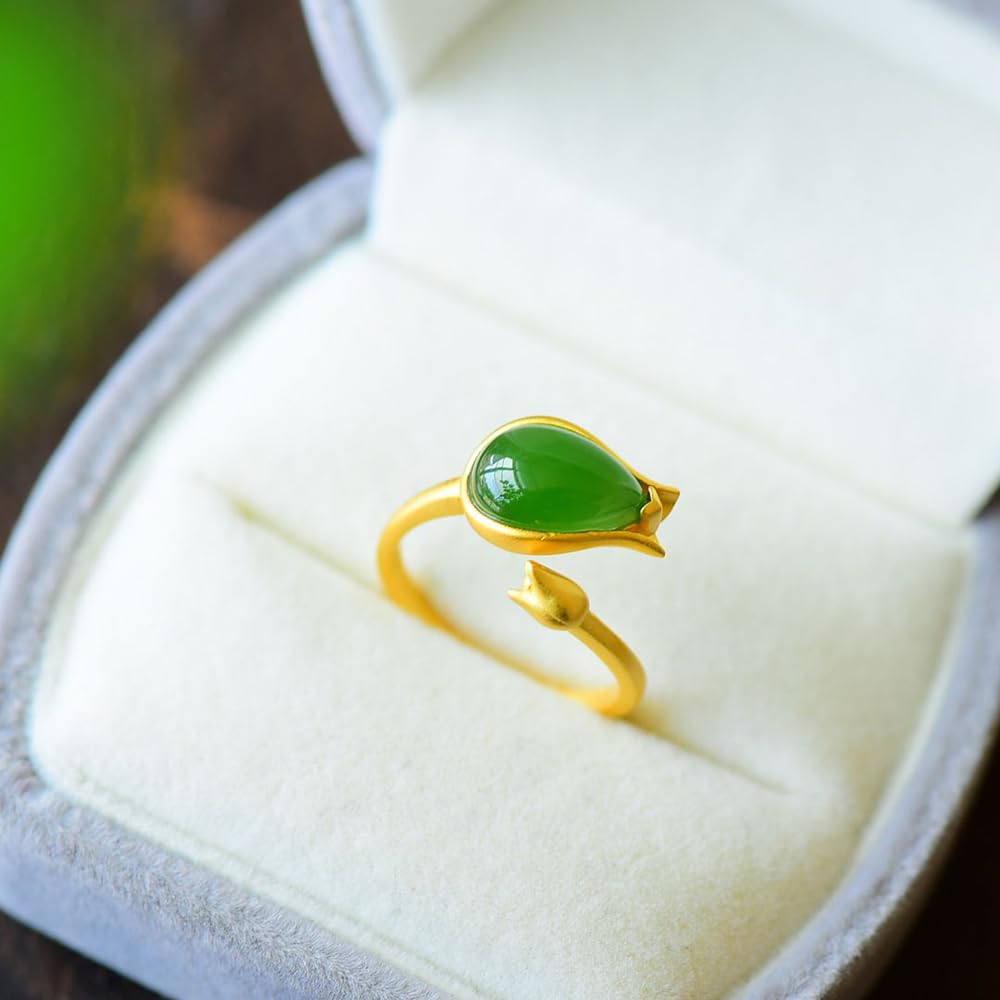 WBDWWTD Ring aus S925-Silber mit natürlicher jadegrüner Tulpe