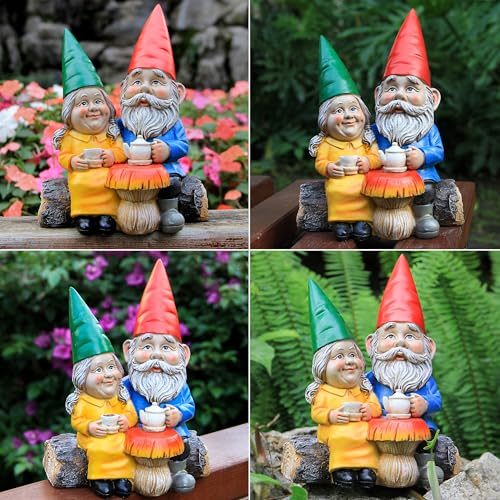 Xintim Gartenzwerg Paar beim Kaffeetrinken, Ewige Liebe Gartenfigur für Außen, Zwergenpaar, Romantische Deko für Veranda & Rasen, Einzigartiges Geschenk für Hochzeit & Jahrestag