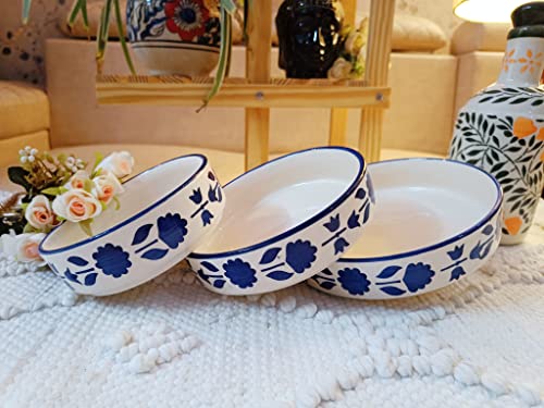 Image of Niyara Stoneware Handmade Ceramic Stylish Premium Serving Bowls /Salad Tray Microwave Dishwasher Safe (Blue Flower Print Set of 3)