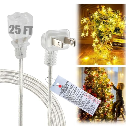 25FT Clear Extension Cord, Indoor Thin and Slim Extension Cord,18AWG lamp Cords, 2 Prong, ETL-Certified, Ultra-Thin Power Cable for Christmas Decor