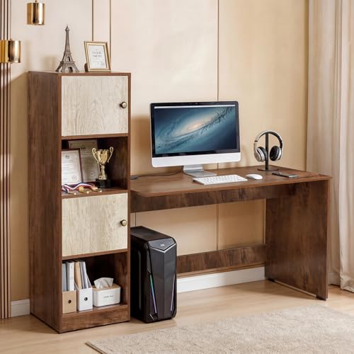 Image of ABOUT SPACE Study Table with Cabinet - Computer Table with 2 Open, 2 Closed Storage Space DIY Engineered Wood Office Desk for PC Laptop Gaming (Beige & Walnut - L 158.5 x B 56 x H 146.5cm)