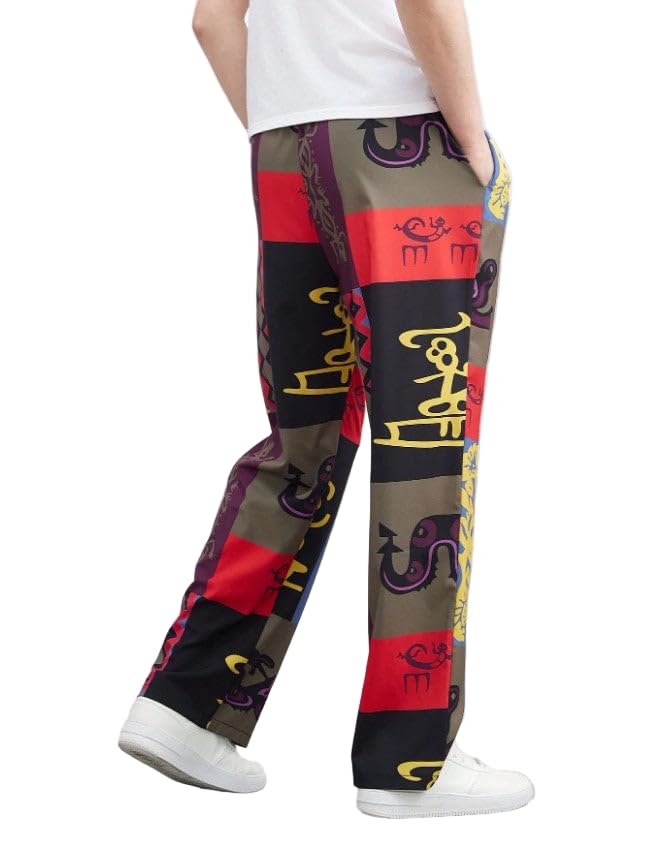 Men's Multicolor Printed Wide Leg Pants – Boho Style Loose Fit Straight Leg Trousers with Drawstring Waist and Pockets3