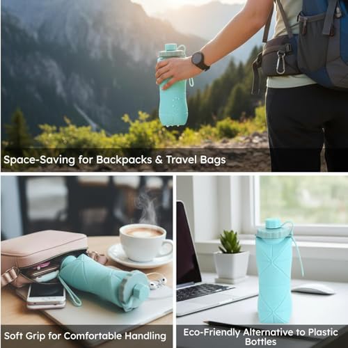 Image of SILENCIO Silicone Water Bottle 600 ml | Foldable Leak Proof Travel Bottle | BPA Free Reusable Drinking Bottle for Gym, Trekking, Camping & Outdoor Use (BLUE)