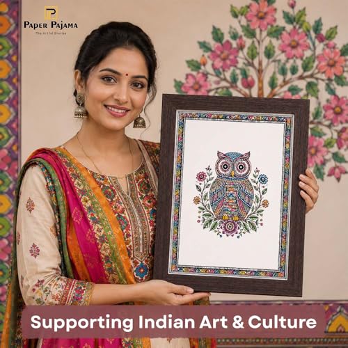 Image of PAPER PAJAMA Owl Wall Art for Living Room | Madhubani Owl Painting | Colorful Folk Art Bird Artwork Framed Decor for Home, Office & Study Room (10x13 Inches)