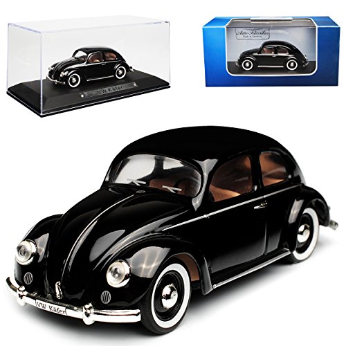 Atlas Volkwagen kever zwart met witte linten Brezelfvenster met sokkel en vitrine 1/43 model auto met individuele kentekenplaat