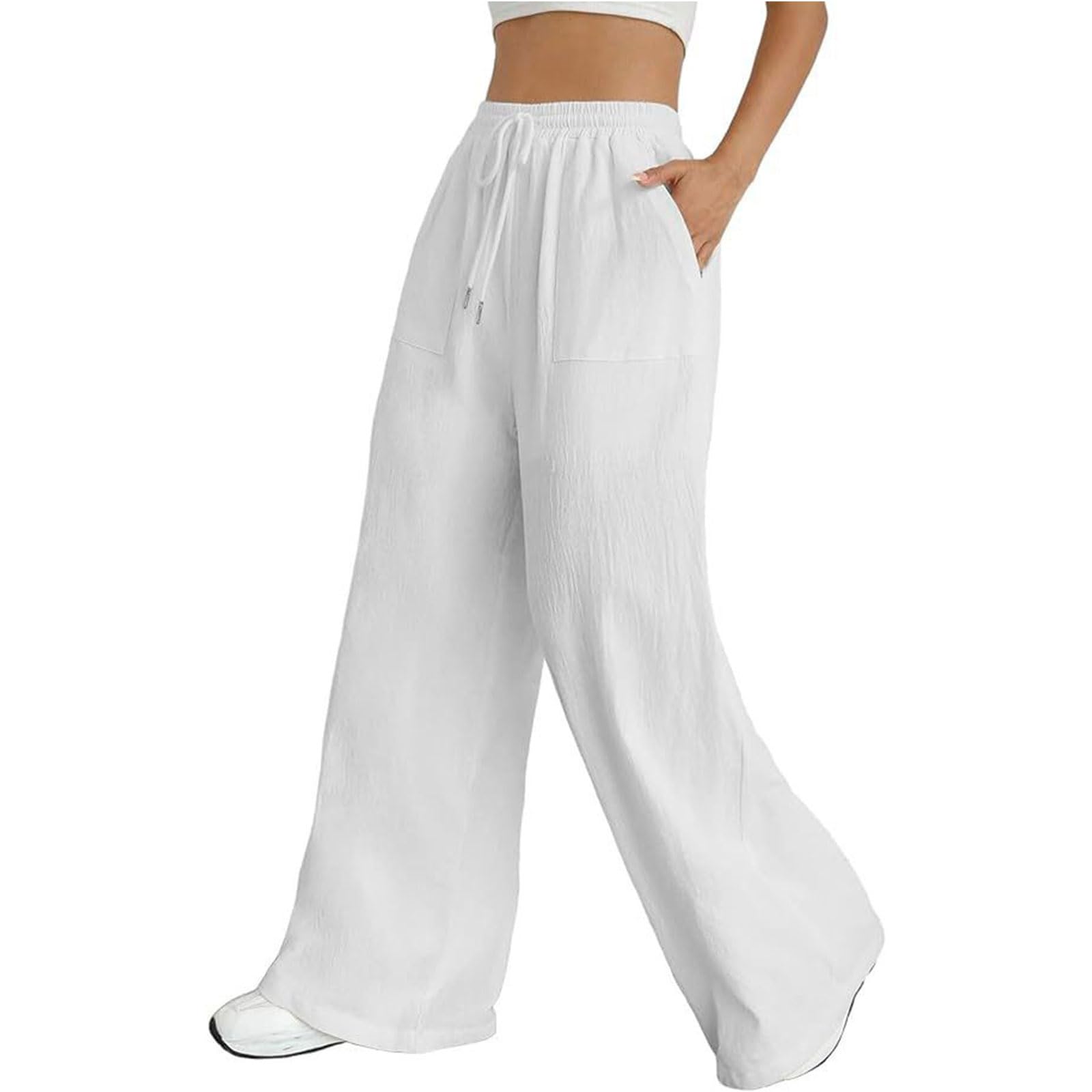 Linen Pants Women Summer Beach Lounge Palazzo Trousers Wide Leg Flowy Loose Fit Casual Elastic Plus Size Drawstring