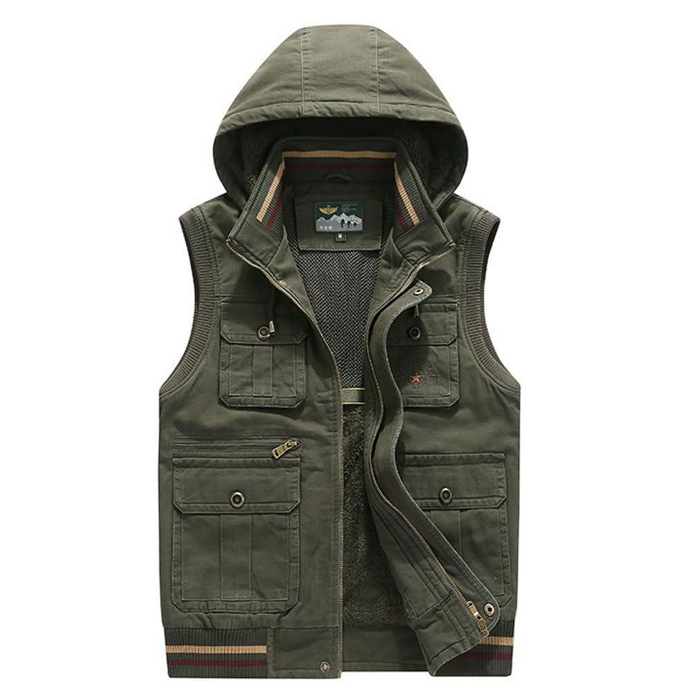 Gl Suit Men's Armygreen Winter Padded Gilet Hooded Body Warmer Vest Multi-Pocket Vest Comfortable Fleece Liner Waistcoat Casual Sleeveless Jacket,,M