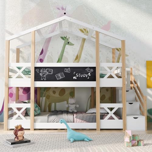 AMDXD Kinderbett Baumhaus mit Speicherung und Rausfallschutz 90 x 200 cm, Hausbett Hochbett für Kinder– 2X Lattenrost- Natur & Weiß