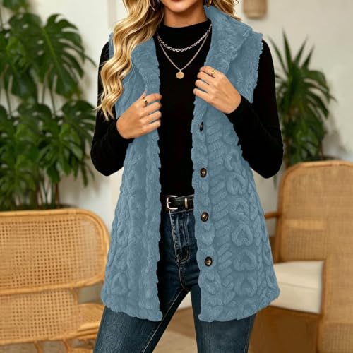 Hooded Fleece Vest Women Long Plush Sleeveless Jacket Button Down Outerwear - image 7