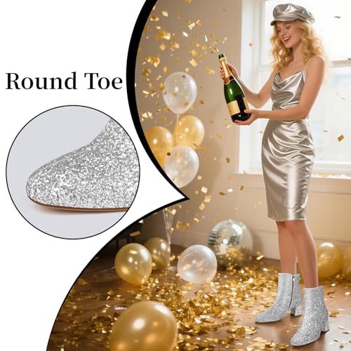 MISSMILLER Women's Glitter Ankle Boots Sequin Sparkly Booties Block Heel Side Zip Zipper Wedding Party Dress Shoes3