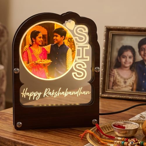 Image of lampees Personalised Happy Rakshabandhan LED Photo Frame, 200x150 mm | UV Printed Acrylic, Soft LED Backlight, Wood Frame Base, USB Powered, Sibling Keepsake