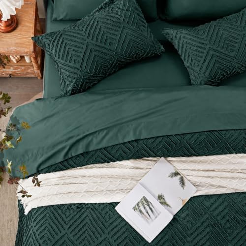 Image of Zzlpp Full Comforter Set 7 Pieces, Dark Green Tufted Bed in a Bag with Comforter and Sheets, All Season Boho Bedding Sets with Comforter, 2 Pillow Shams, 2 Pillowcases, 1 Flat Sheet, 1 Fitted Sheet