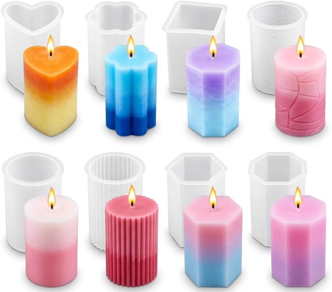 8 Piece Silicone Candle Molds, 2mm Thickened Reinforced Design, Tear-Resistant Molds for Pillar and Votive Shapes, Easy Release, Includes Cylinder, Hexagon, Heart, Moldes para Velas (8)
