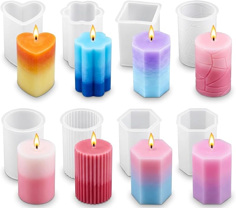 Moldes para Velas de Silicona de 8 Piezas, Diseño Reforzado Engrosado de 2 mm, Moldes Resistentes al Desgarro para Formas de Pilares y Votivas, Fácil Liberación, Incluye Cilindro, Hexágono, Corazón, Moldes para Velas (8)