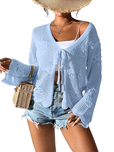 Image of Womens Tie Front Lightweight Crochet Cardigan Shrugs Knit Cardigan Crop Tops Cover Up