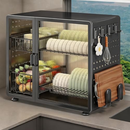 Escurridor de platos de 2 niveles con tapa, escurreplatos de metal Lar para encimera sobre fregadero, nizer de cocina que ahorra espacio y diseño Slish