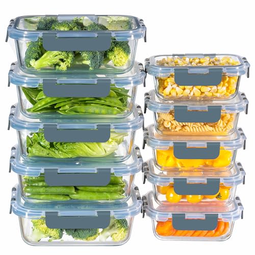 MFY Glass Containers with Lids, Reusable Meal Prep Containers, Airtight Glass Food Storage Containers with Lids, BPA-free, Microwave, Oven, Freezer and Dishwasher Safe, 10 Pcs 1040 & 400ml - Gray