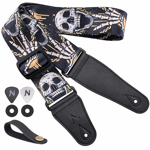 Nefelibata Guitar Strap-2' Wide Double Layer Cotton Original Design Adjustable Guitar Straps with Long Leather Ends for Bass, Electric & Acoustic, Best Gifts for Kids,Guitarists(Rock Skull)
