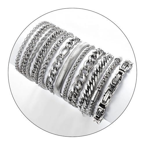 12PCS Stainless Steel Cuban Link Chain Bracelets for Men Women Gold Figaro Rope Chain Men's Curb Chain Bracelets Set Box Square Rolo Twisted Wrist Bracelets 7.5/8.3/9inch