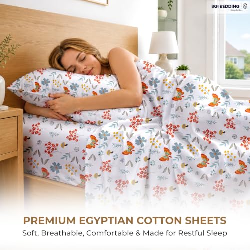 Image of SGI bedding 100% Egyptian Cotton Sheets Twin XL Size - 600 Thread Count Sheets Set, Soft, Cooling, 15 inch Deep Pocket, Luxury Hotel Bedding, Breathable, Durable -Butterfly Garden