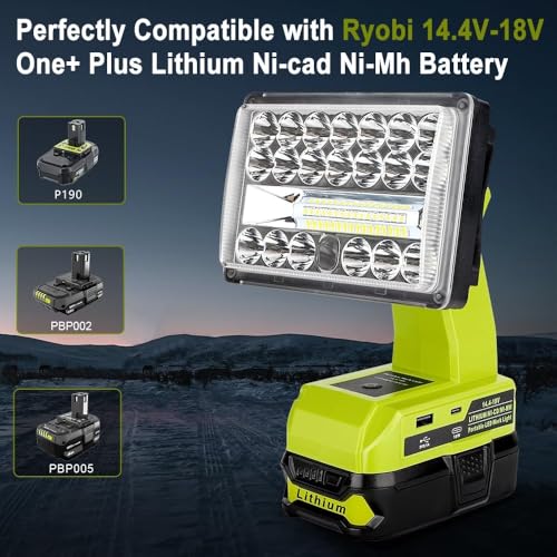 Image of Choerinton Work Light Compatible with Ryobi 18V Battery, 18W Light Cordless Portable Jobsite with USB Charging Port, 20000LM Outdoor Rechargeable LED Floodlight for Car Repair, Camping, Hiking