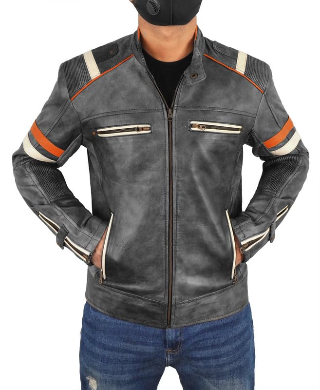 LP-FACON Men's Vintage Leather Jacket - Distressed Black Cafe Racer Retro Biker Genuine Leather Jacket3