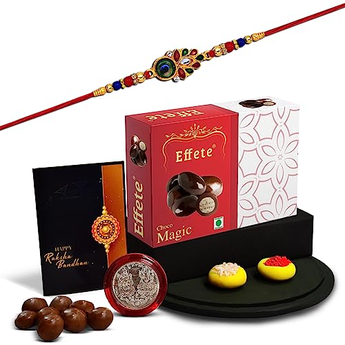 Image of DeoDap Rakhi Combo with Chocolate 32gm, Pooja Coin, Greeting Card & Tilak Set - Festival Gift for Your Brother, Complete 5-Item Hamper Set